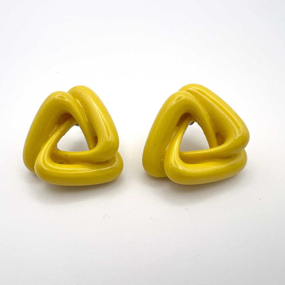 Vintage Yellow Enamel Triangle Knot Stud Earrings Geometric Statement Jewelry